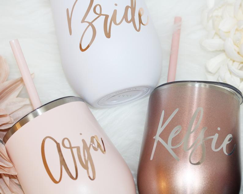 Bride cup, white glitter custom cup, rose gold wedding cup, bridal