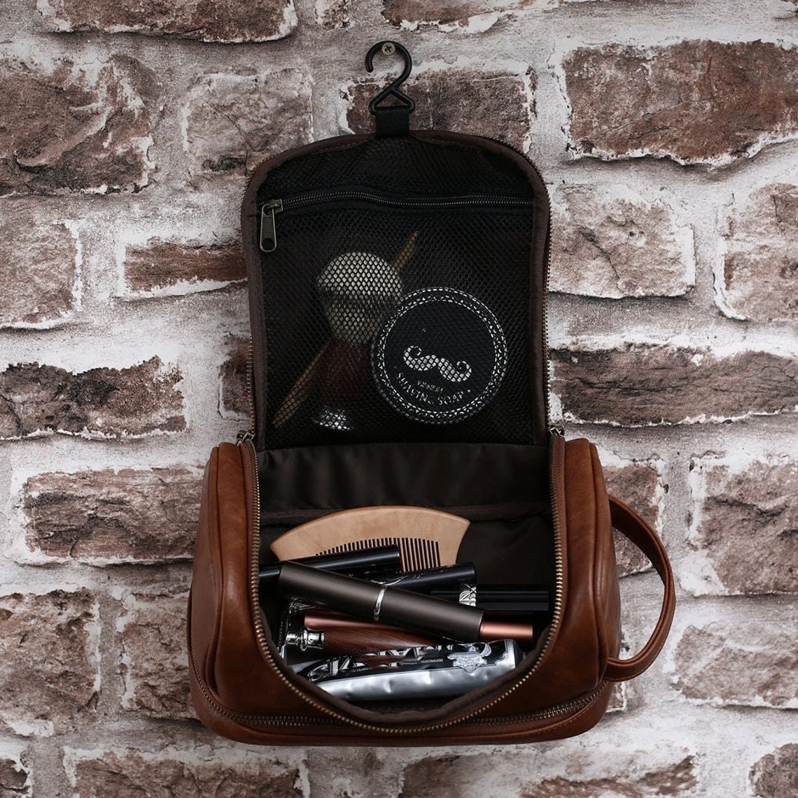 Black Leather Toiletry Bag Men Handmade Travel Dopp Kit Wash 
