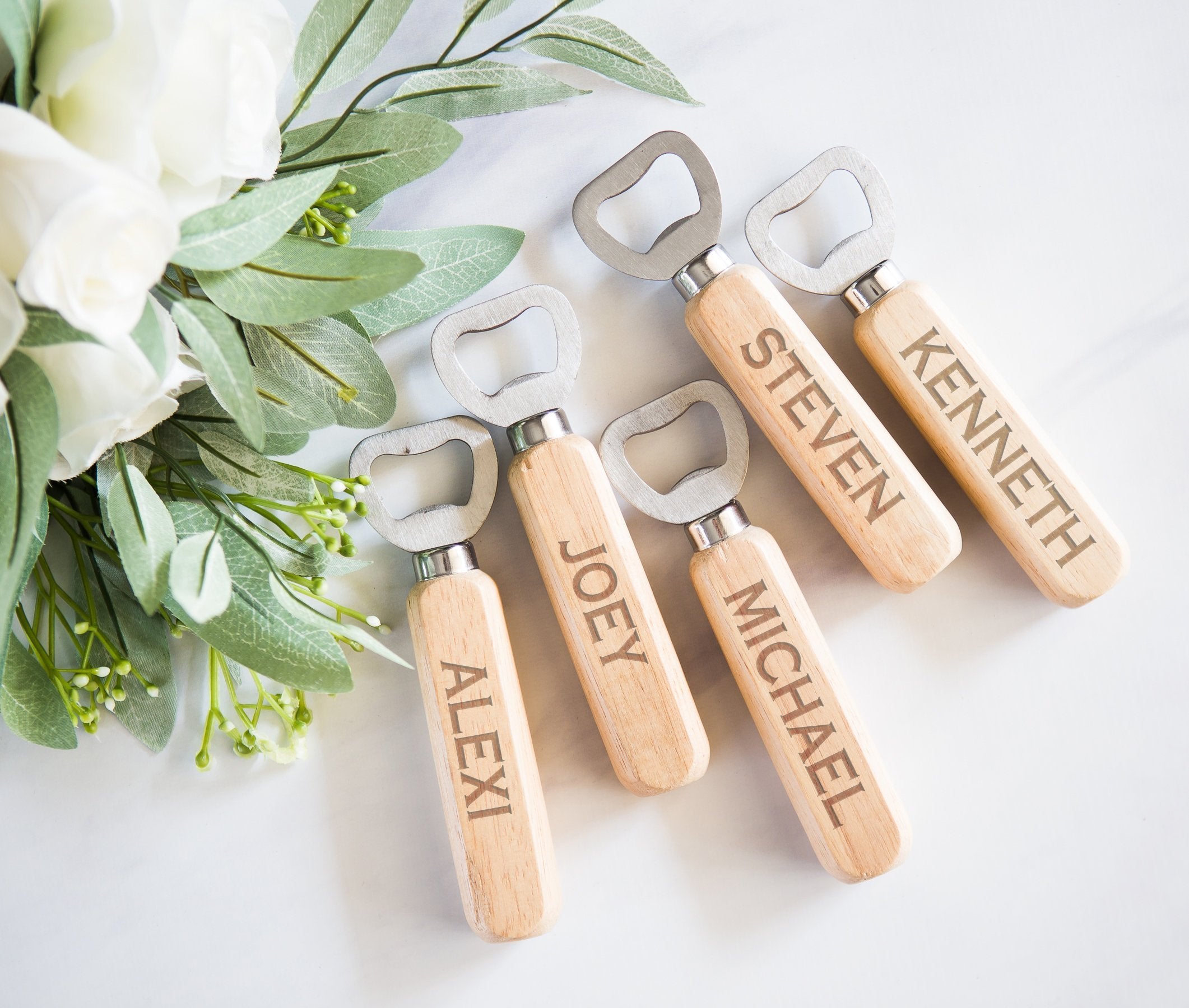 Personalized Wedding Favor Set of 5 Wooden Bottle Openers
