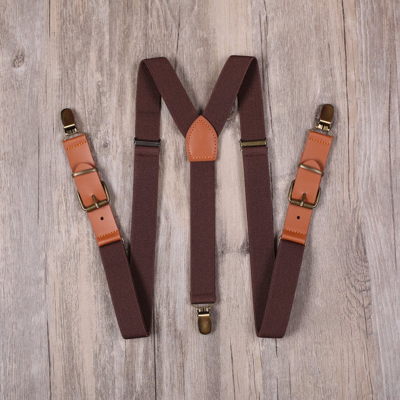 Cognac Leather Suspenders. Groom and Groomsmen Leather Bracers